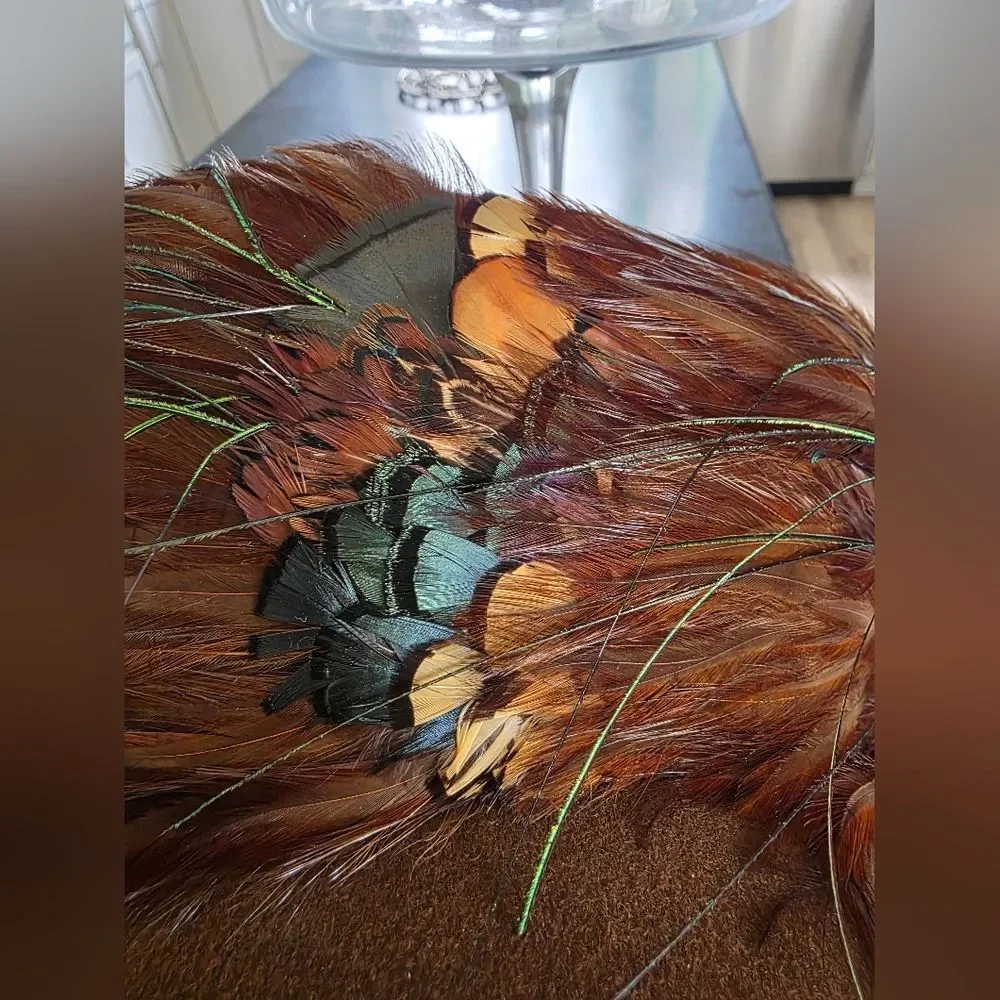 Vtg Peacock Feather Pheasant Hat B. Michael Mysha Brown Felt 21' Derby Racetrack - Picture 13 of 14
